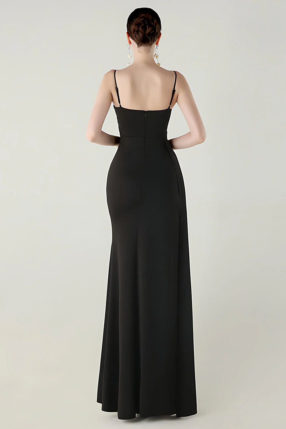 Black Mermaid Spaghetti Straps Satin Long Prom Dress with Slit - Image 2