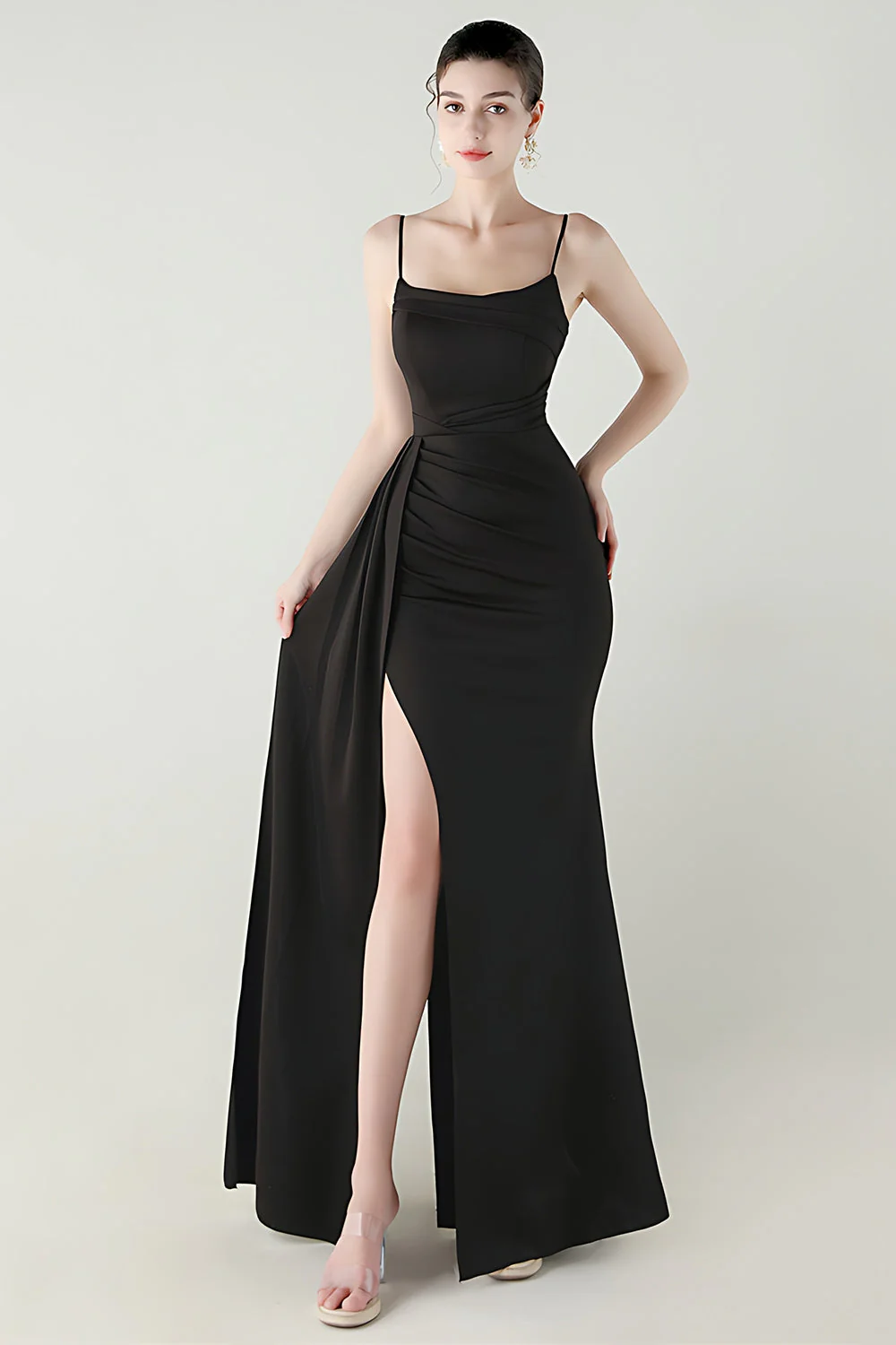 Black Mermaid Spaghetti Straps Satin Long Prom Dress with Slit - Image 3