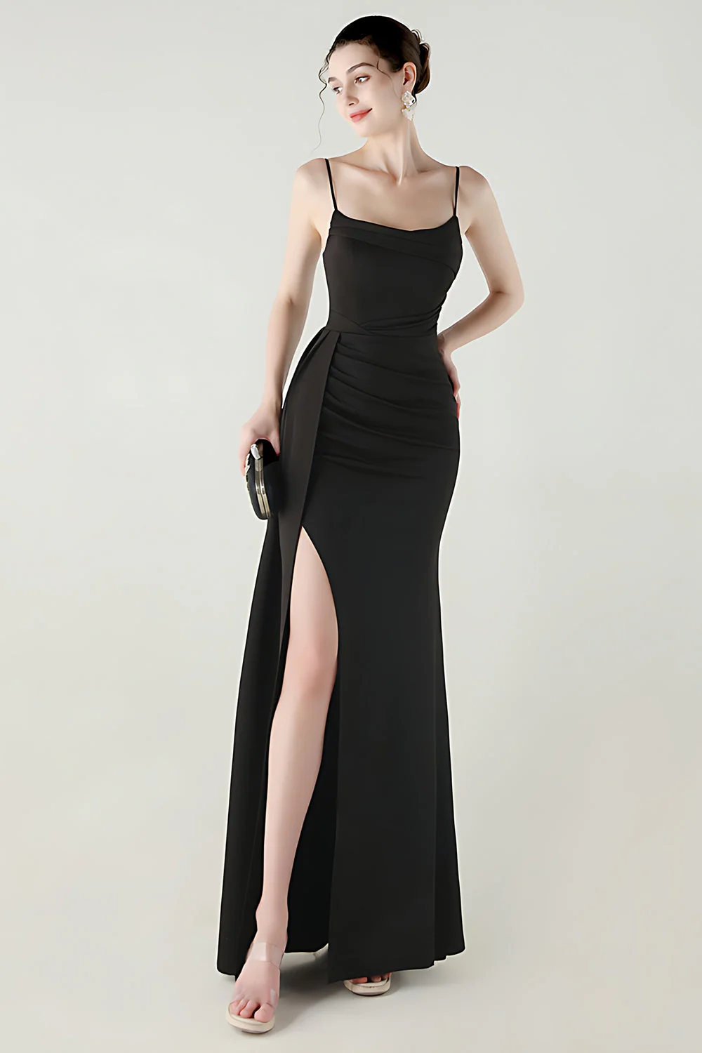 Black Mermaid Spaghetti Straps Satin Long Prom Dress with Slit - Image 4