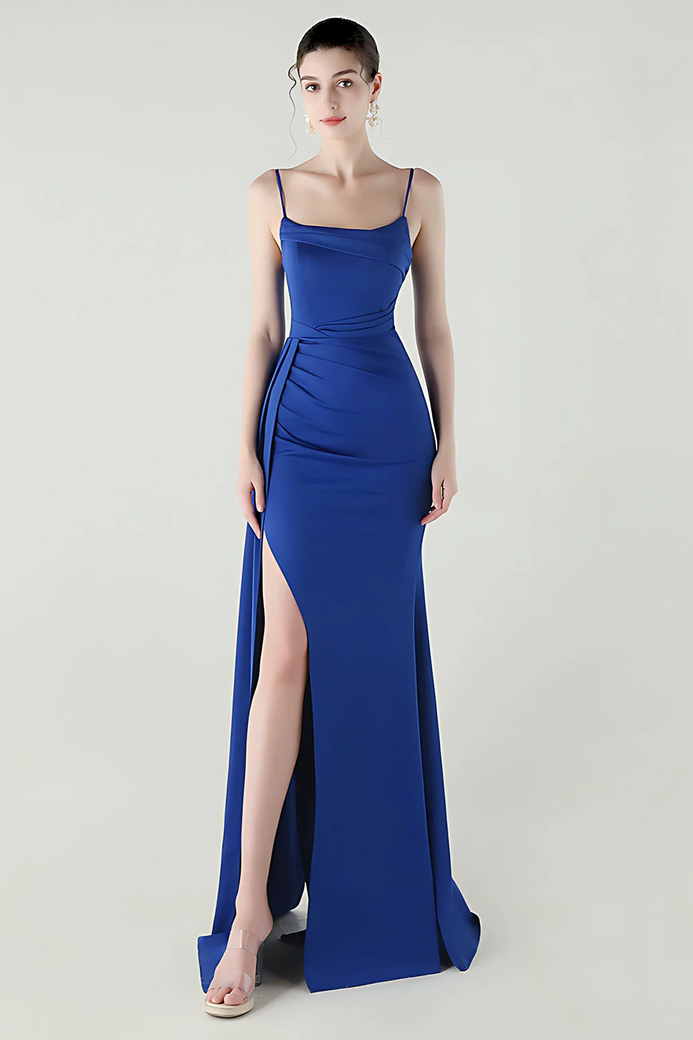 Black Mermaid Spaghetti Straps Satin Long Prom Dress with Slit - Image 5