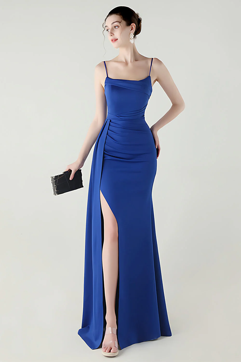 Black Mermaid Spaghetti Straps Satin Long Prom Dress with Slit - Image 7