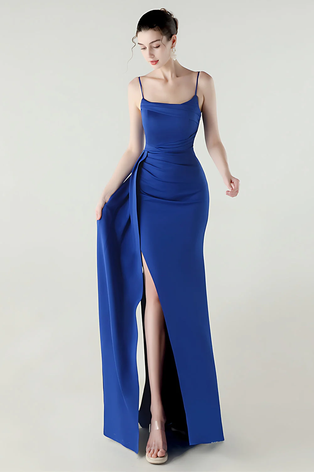 Black Mermaid Spaghetti Straps Satin Long Prom Dress with Slit - Image 8