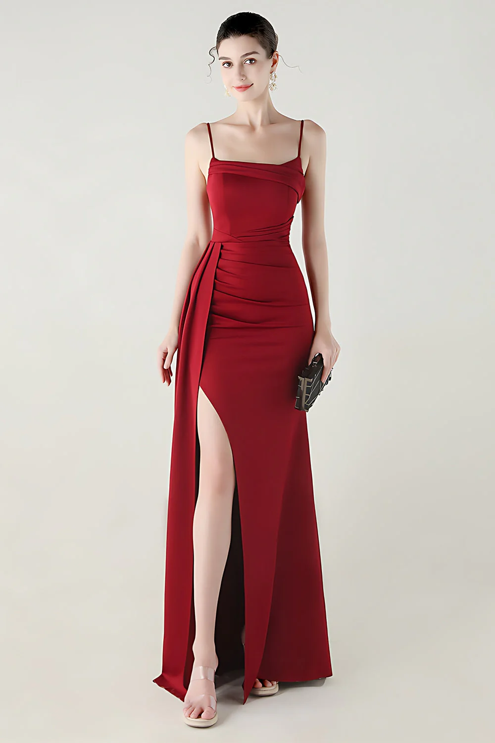 Black Mermaid Spaghetti Straps Satin Long Prom Dress with Slit - Image 9