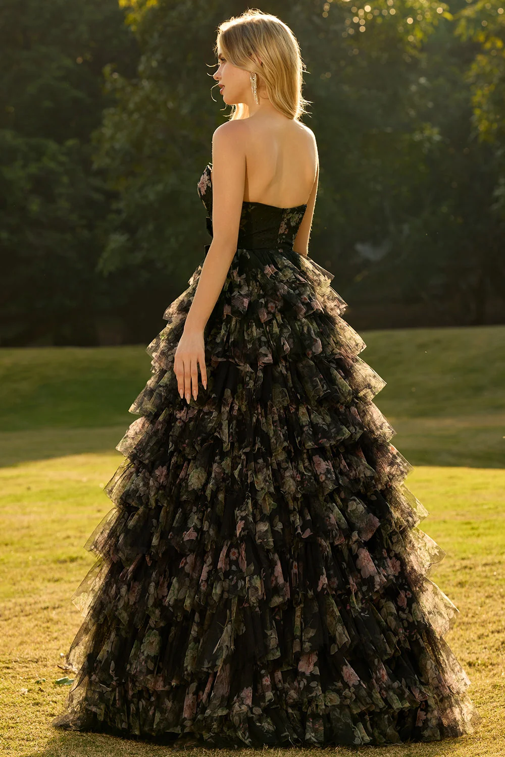 Black Strapless A-Line Tiered Ruffle Cut Out Long Prom Dress with Bows - Image 2