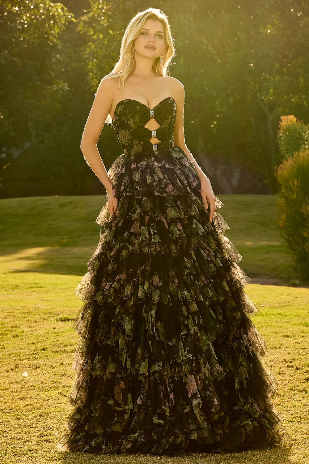 Black Strapless A-Line Tiered Ruffle Cut Out Long Prom Dress with Bows - Image 5