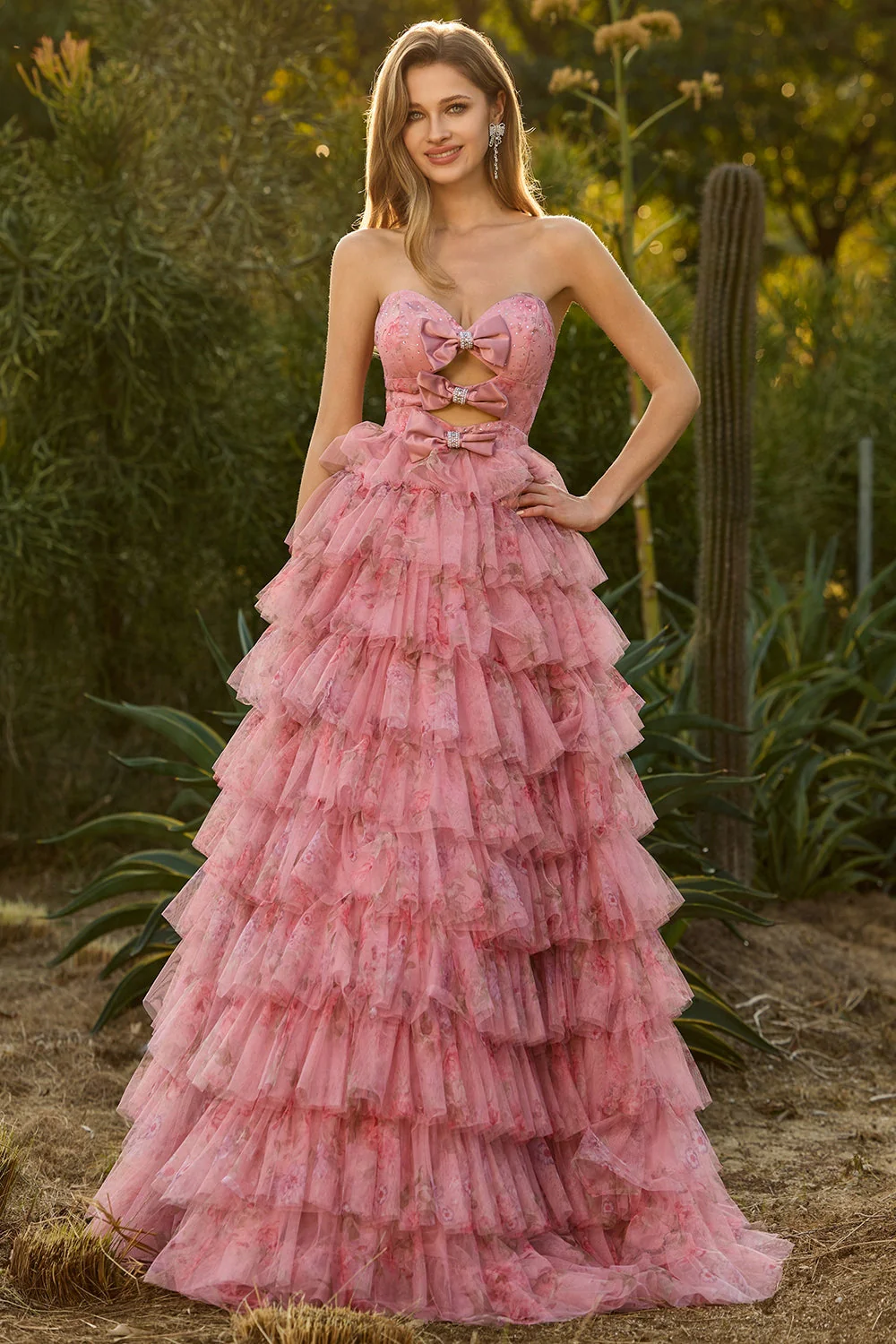 Black Strapless A-Line Tiered Ruffle Cut Out Long Prom Dress with Bows - Image 9