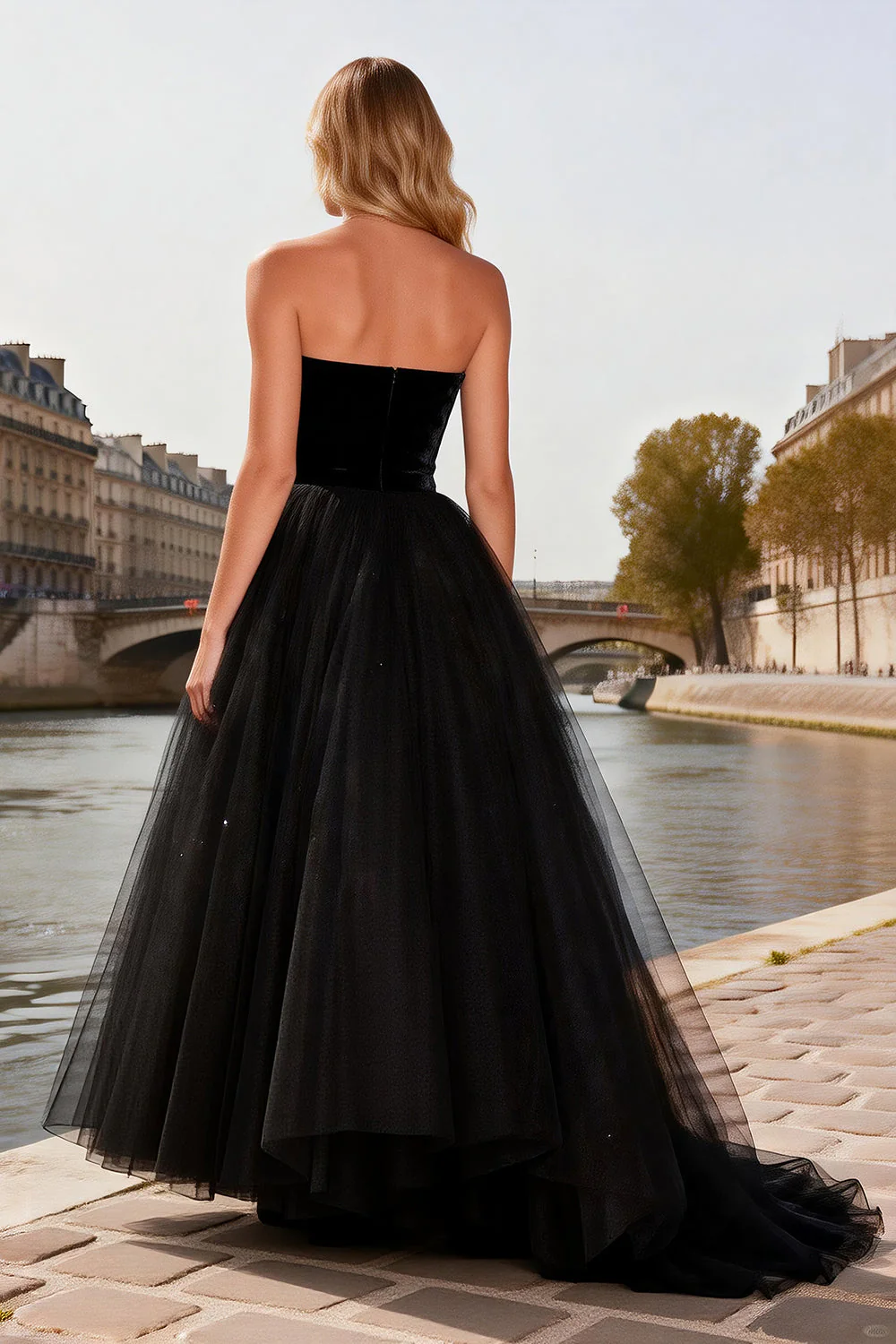Black Strapless A Line Tulle High-Low Prom Dress - Image 2