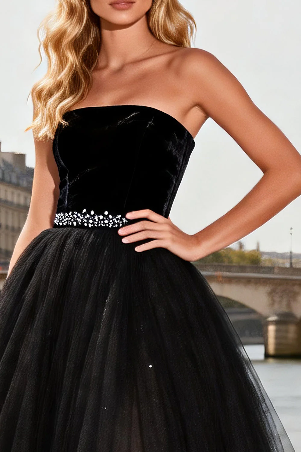 Black Strapless A Line Tulle High-Low Prom Dress - Image 3