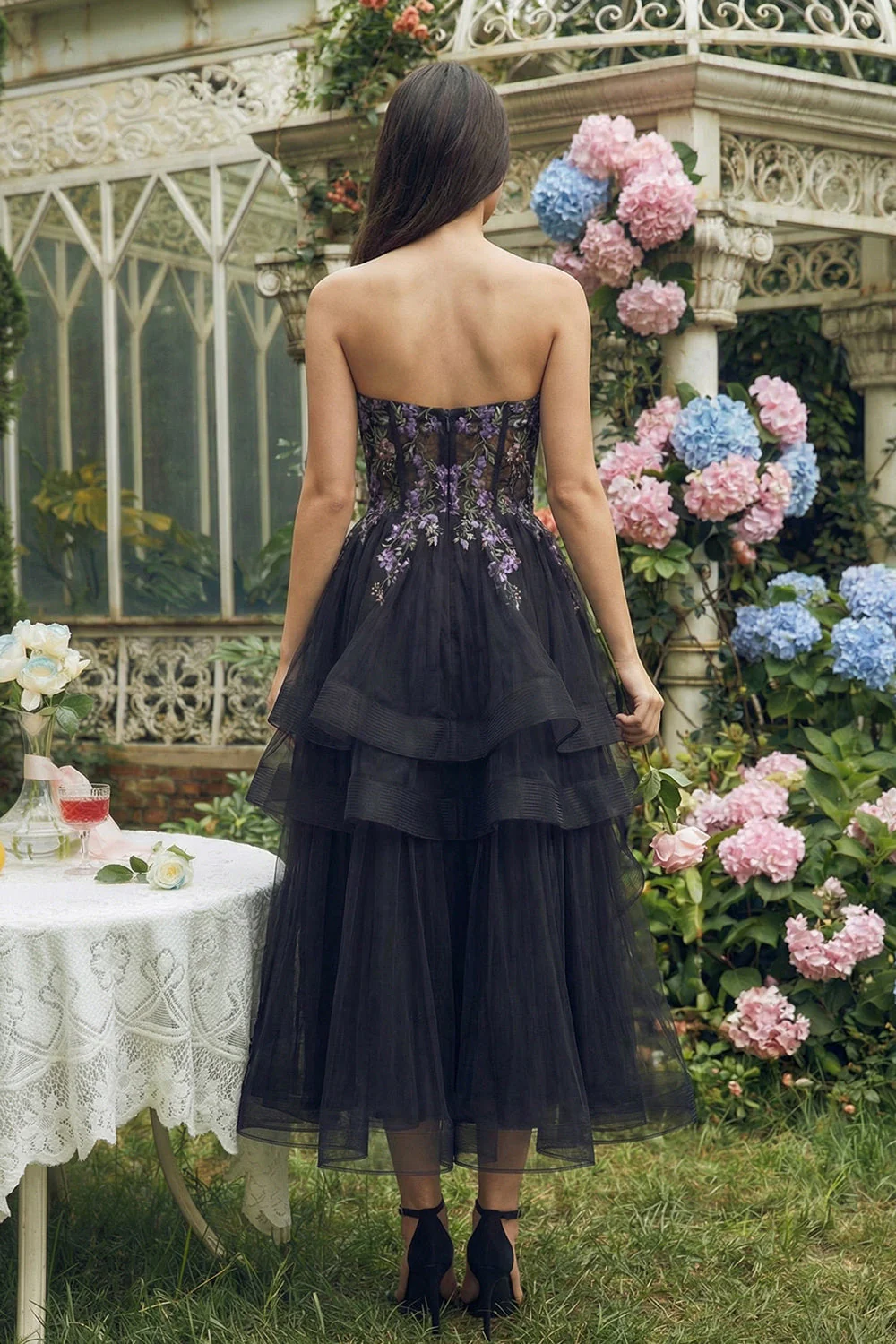 Black Strapless A-Line Organza Midi Dress with Ruffles - Image 2