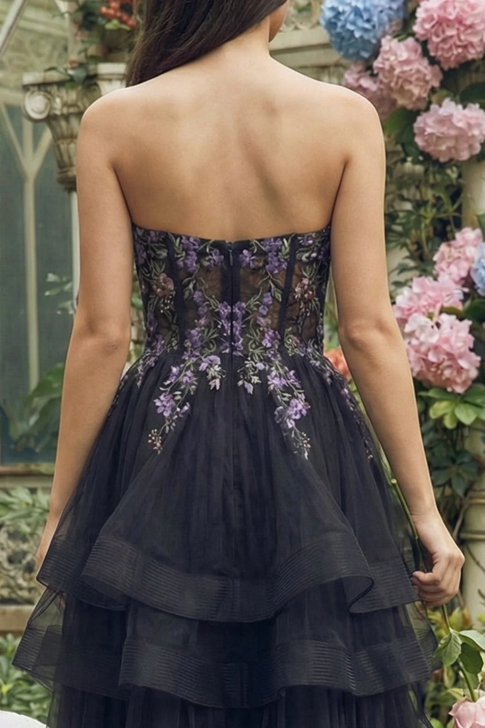 Black Strapless A-Line Organza Midi Dress with Ruffles - Image 5