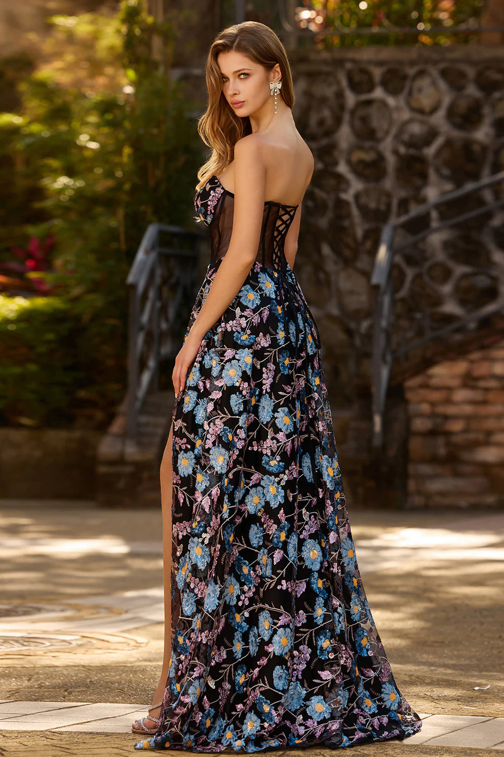 Black Strapless Floral A Line Sheer Corset Long Prom Dress with Slit - Image 2