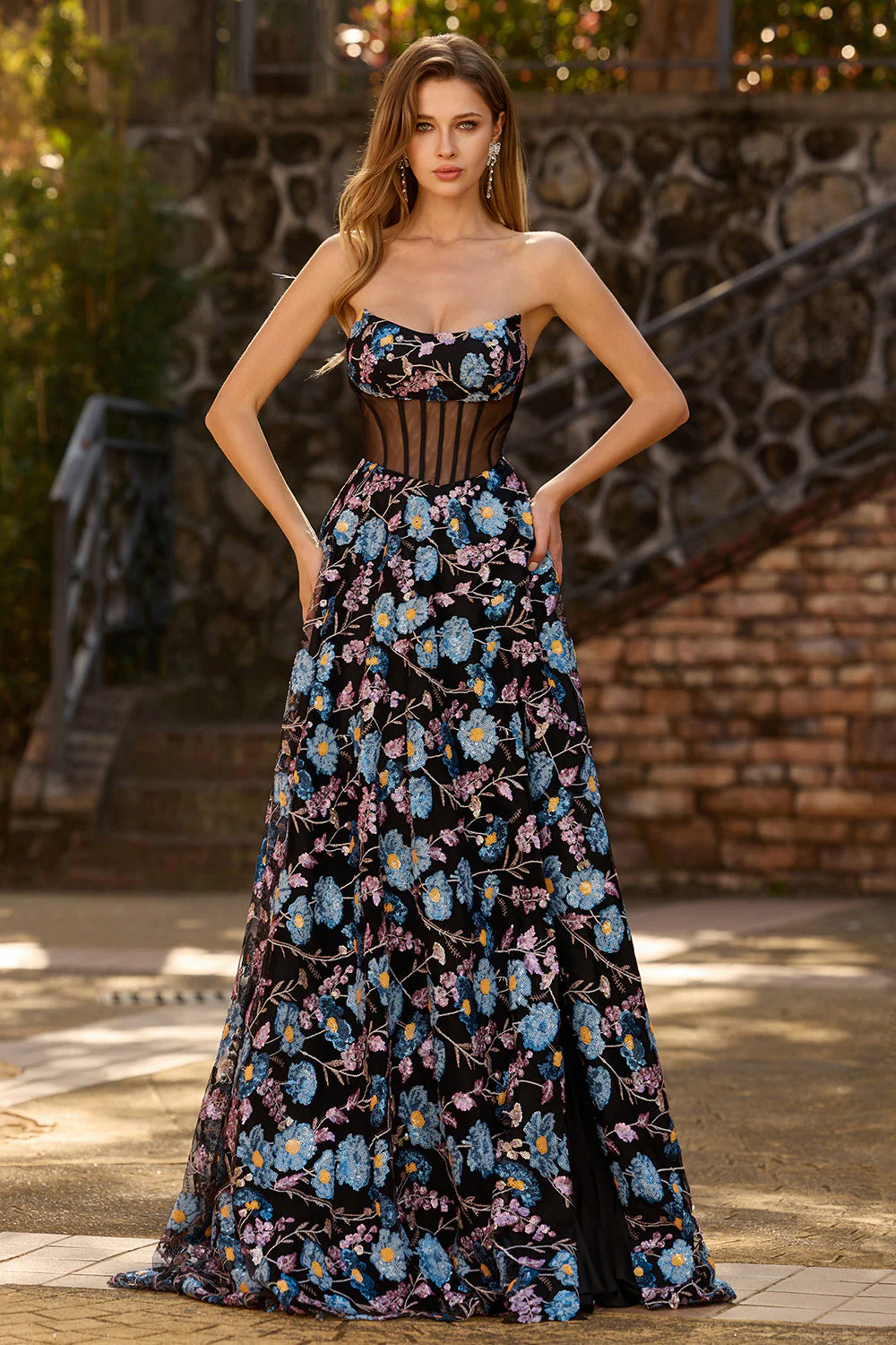 Black Strapless Floral A Line Sheer Corset Long Prom Dress with Slit - Image 3