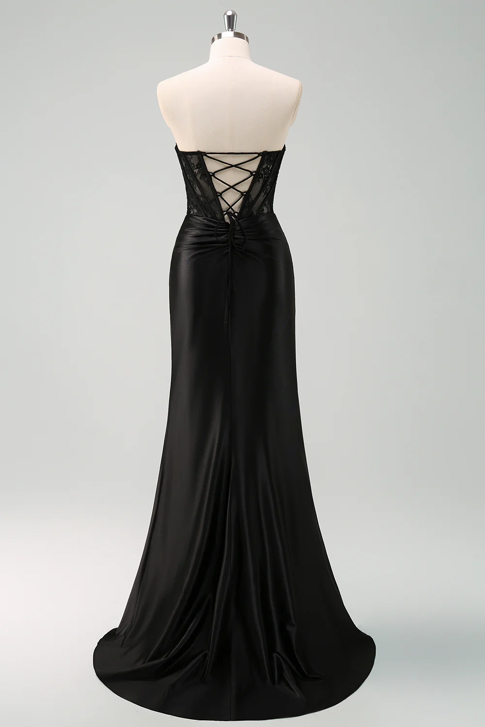 Black Strapless Mermaid Ruched Corset Long Prom Dress - Image 3