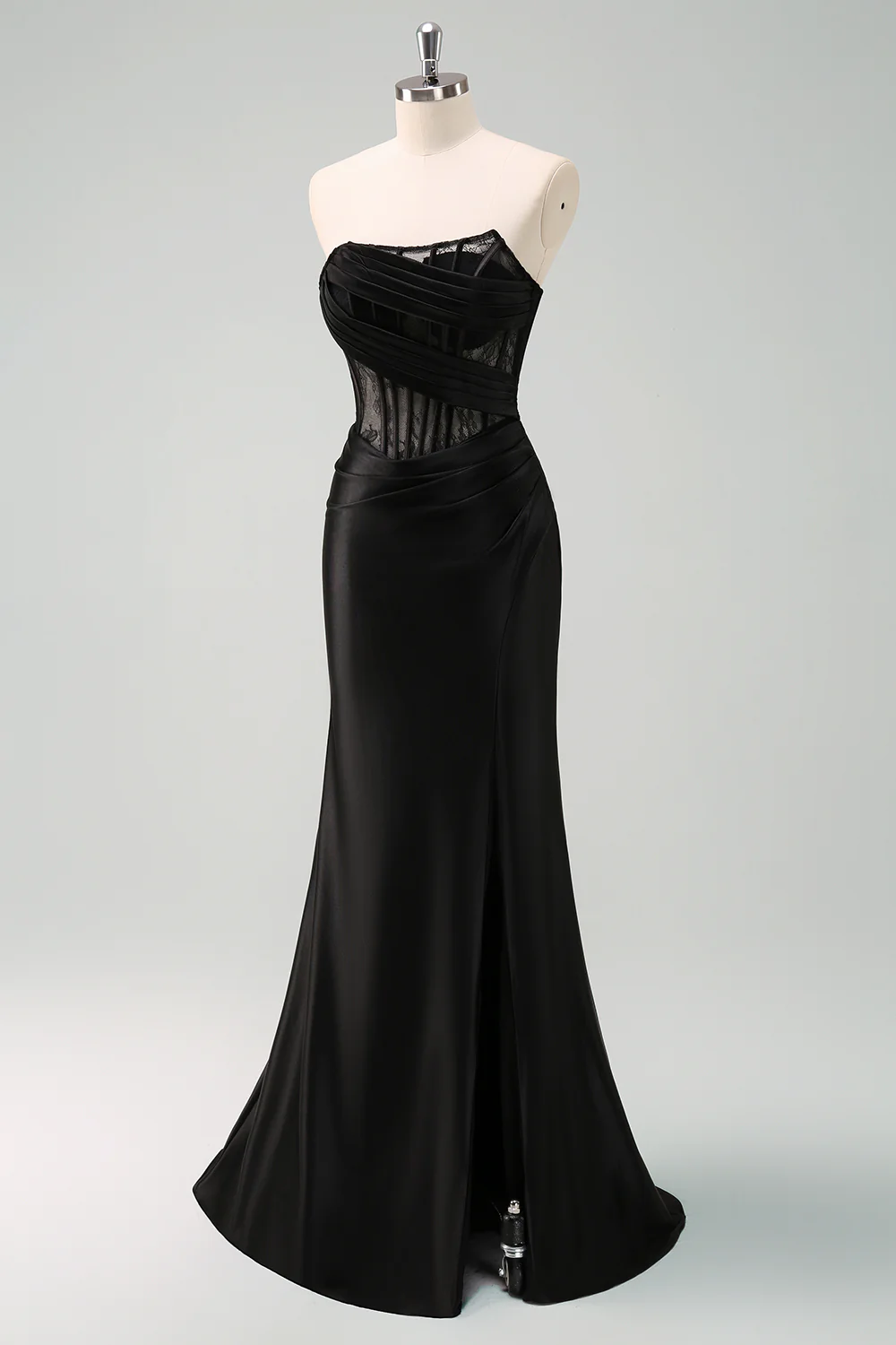 Black Strapless Mermaid Ruched Corset Long Prom Dress - Image 5