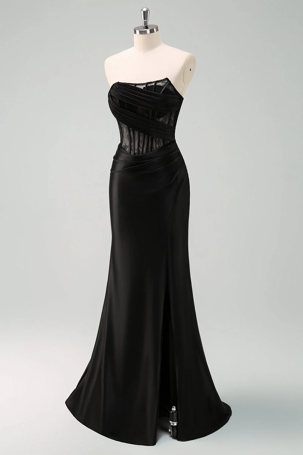 Black Strapless Mermaid Ruched Corset Long Prom Dress - Image 6