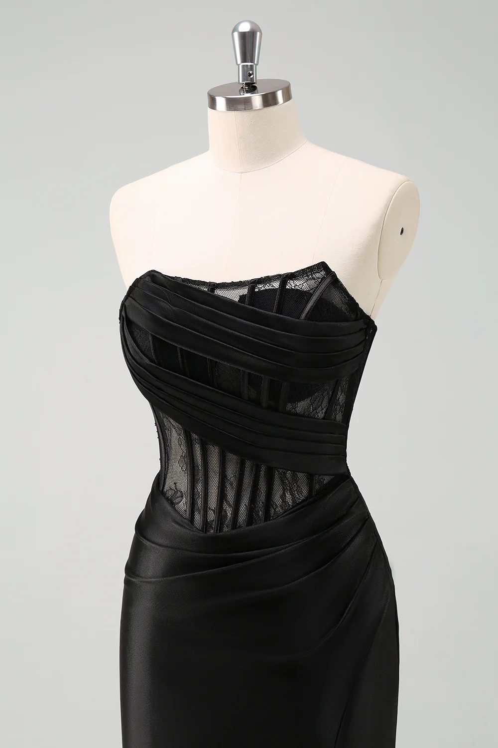 Black Strapless Mermaid Ruched Corset Long Prom Dress - Image 9