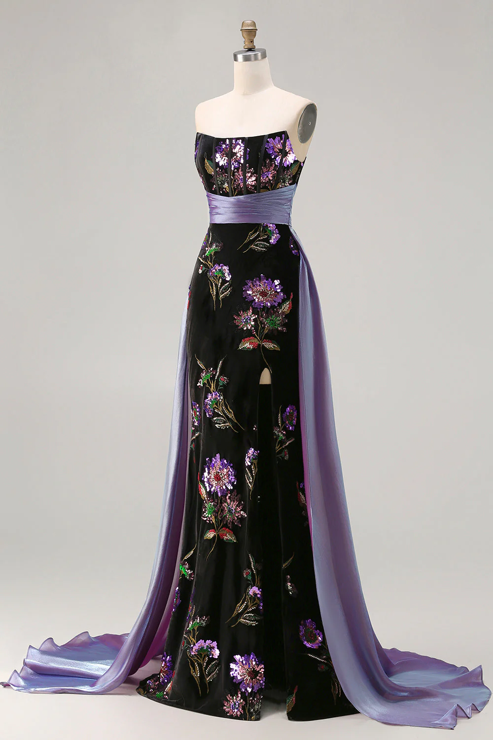 Black Strapless Sequins Mermaid Corset Long Prom Dress with Slit - Image 3