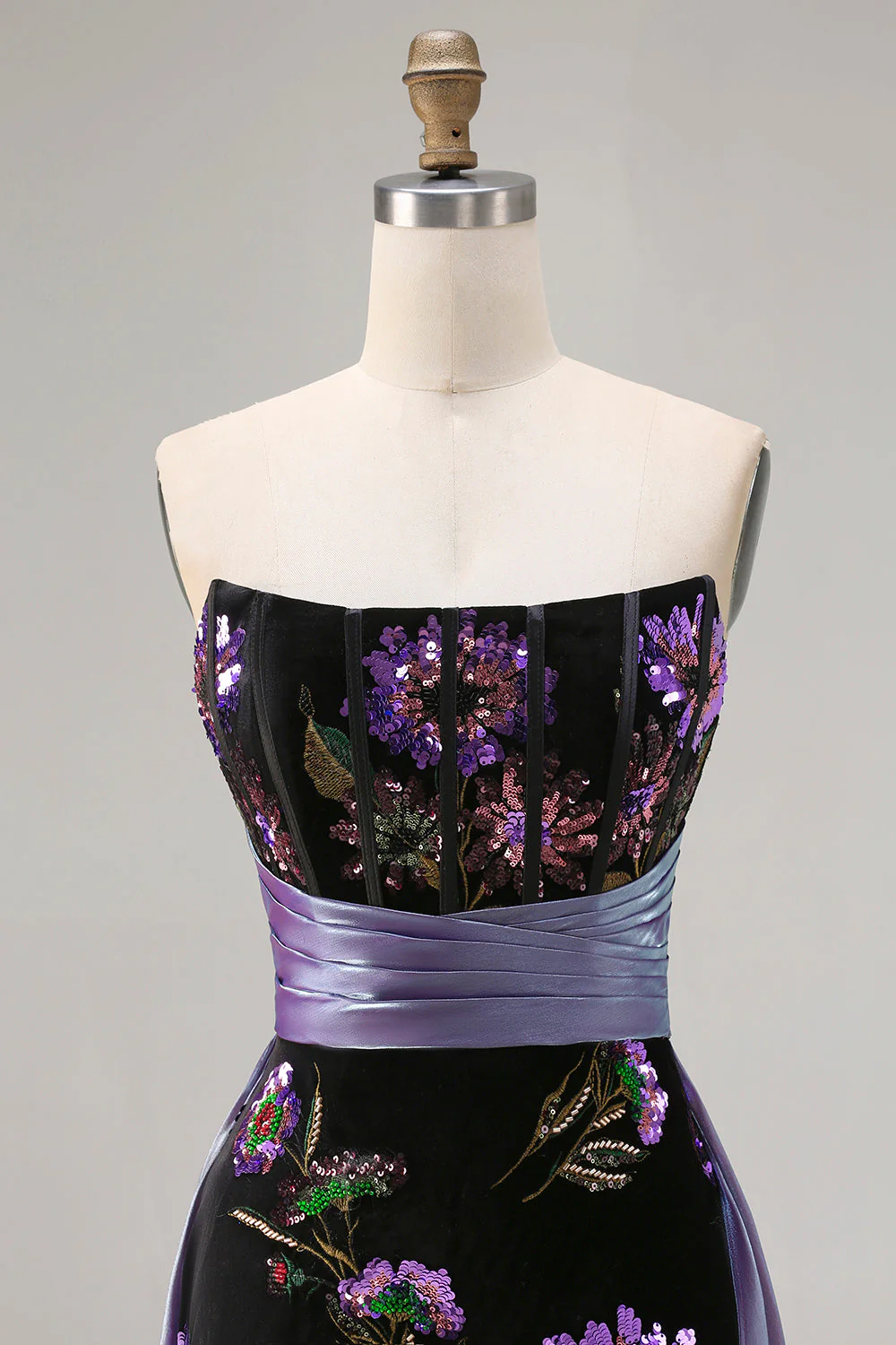 Black Strapless Sequins Mermaid Corset Long Prom Dress with Slit - Image 4