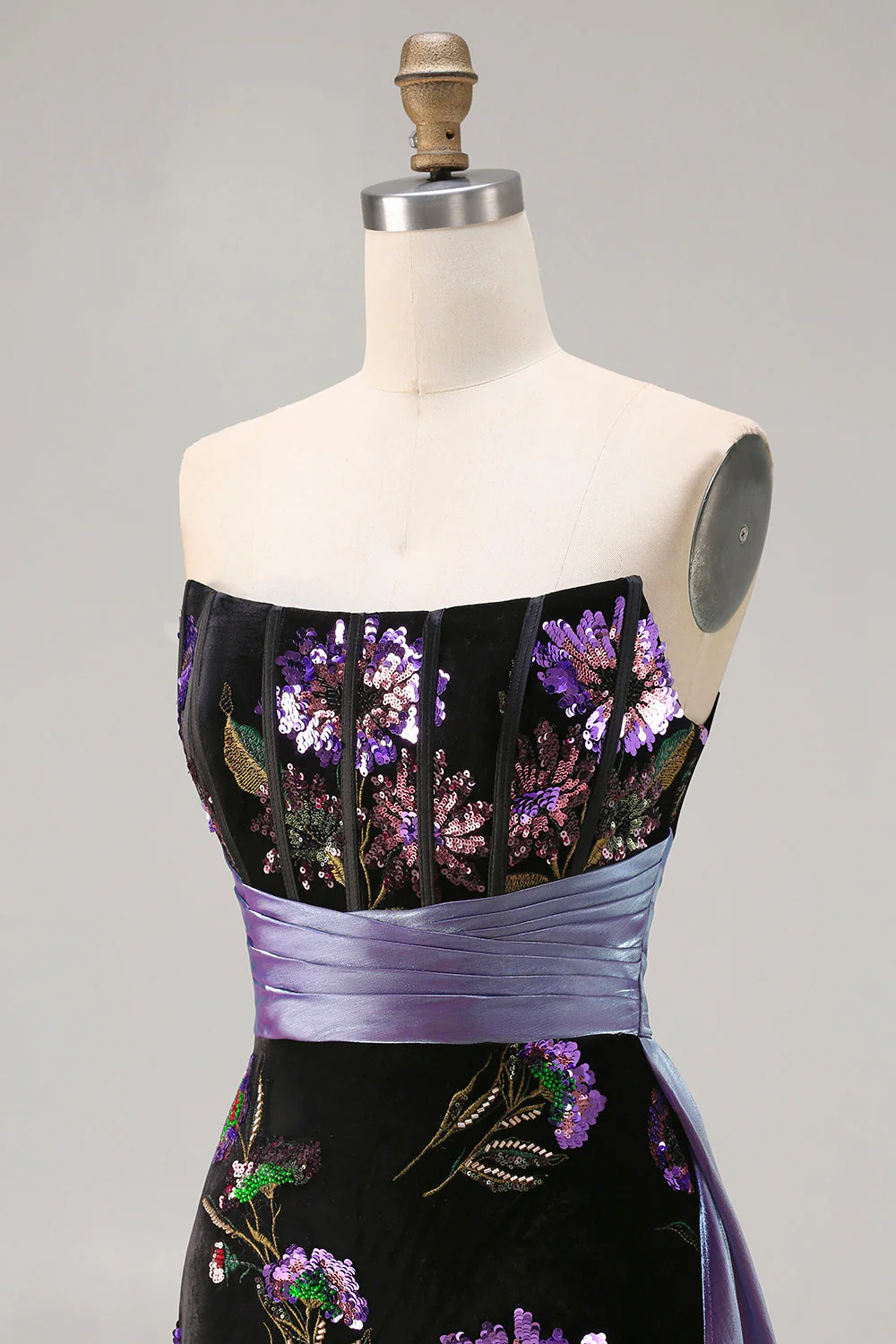 Black Strapless Sequins Mermaid Corset Long Prom Dress with Slit - Image 6