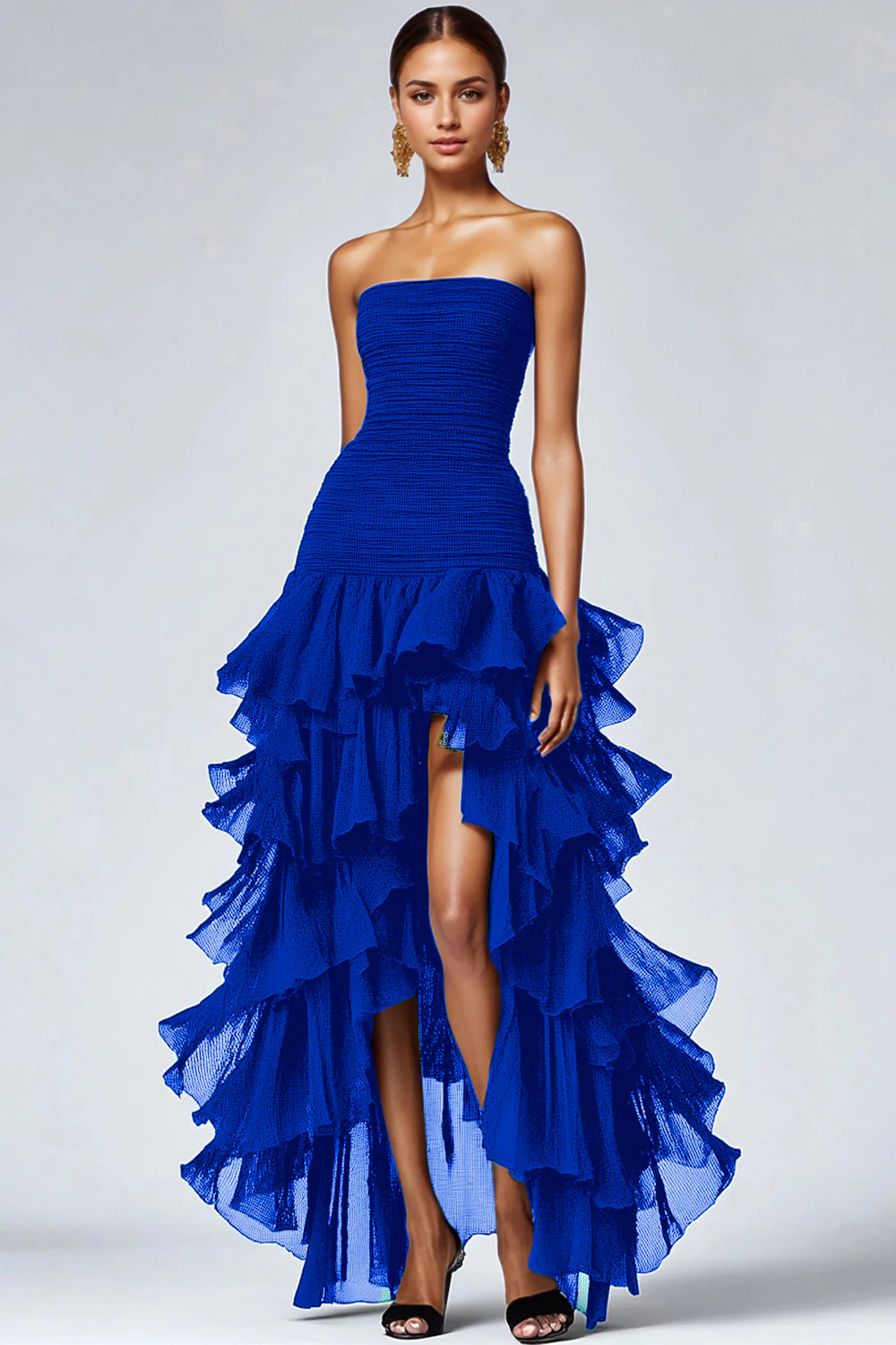 Black Strapless Tulle Tiered Ruffle Evening Dress - Image 10