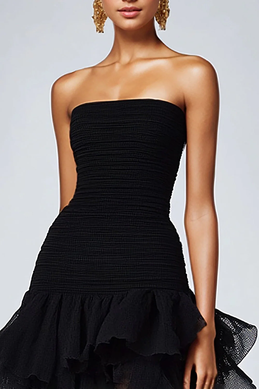 Black Strapless Tulle Tiered Ruffle Evening Dress - Image 4