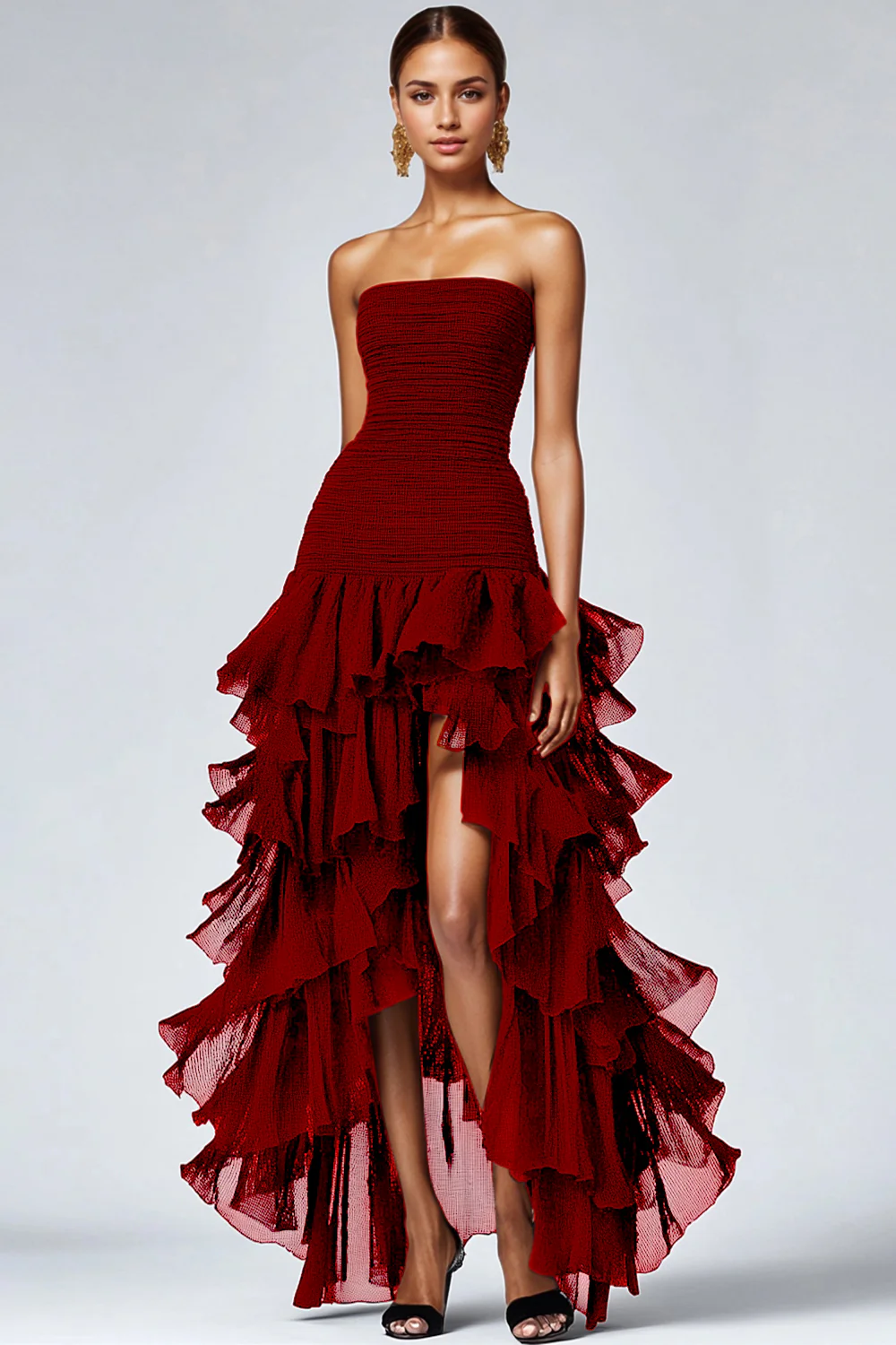 Black Strapless Tulle Tiered Ruffle Evening Dress - Image 6