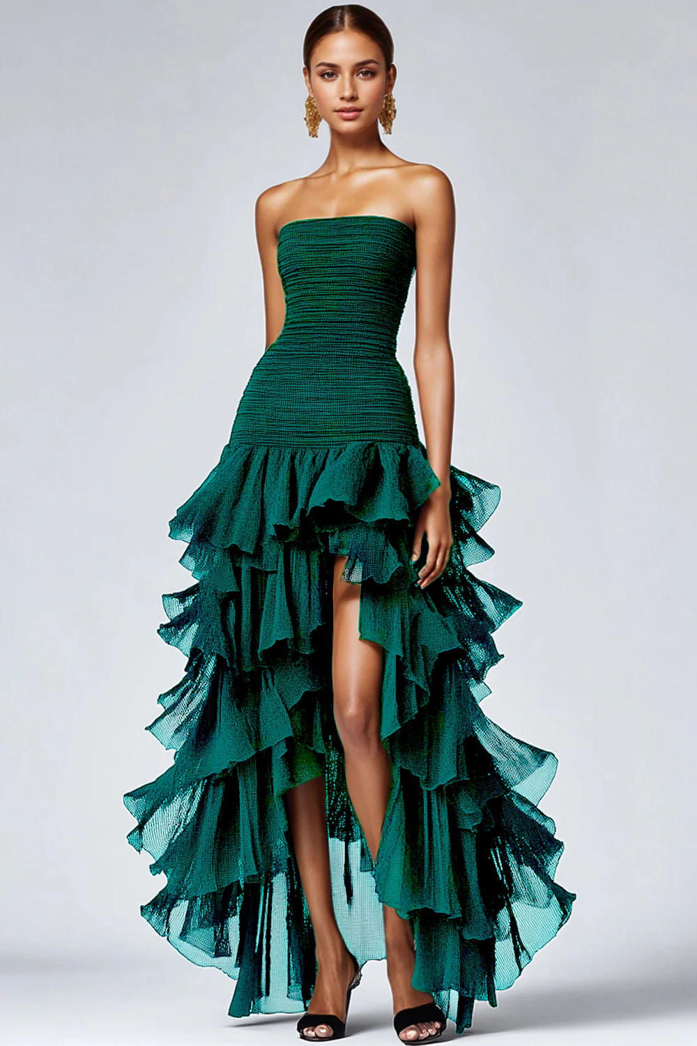 Black Strapless Tulle Tiered Ruffle Evening Dress - Image 7