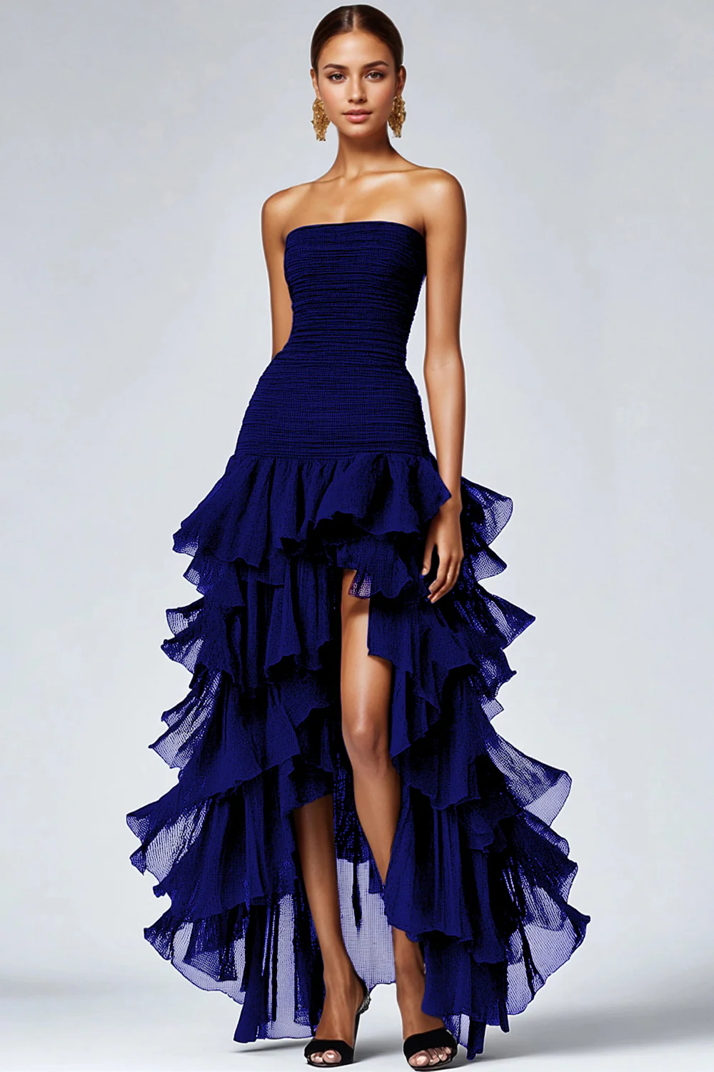 Black Strapless Tulle Tiered Ruffle Evening Dress - Image 8
