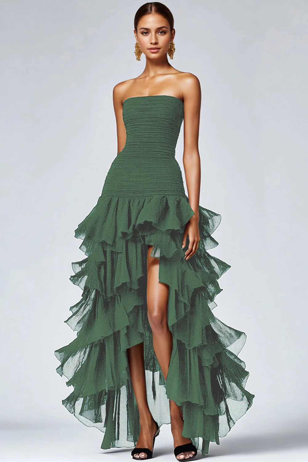 Black Strapless Tulle Tiered Ruffle Evening Dress - Image 9
