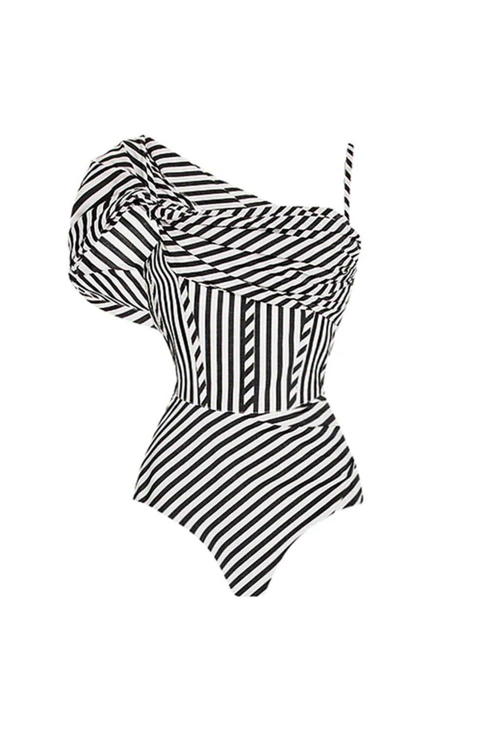 Black Striped 2 Piece Ruffled Swimsuit with Beach Dress - Image 2