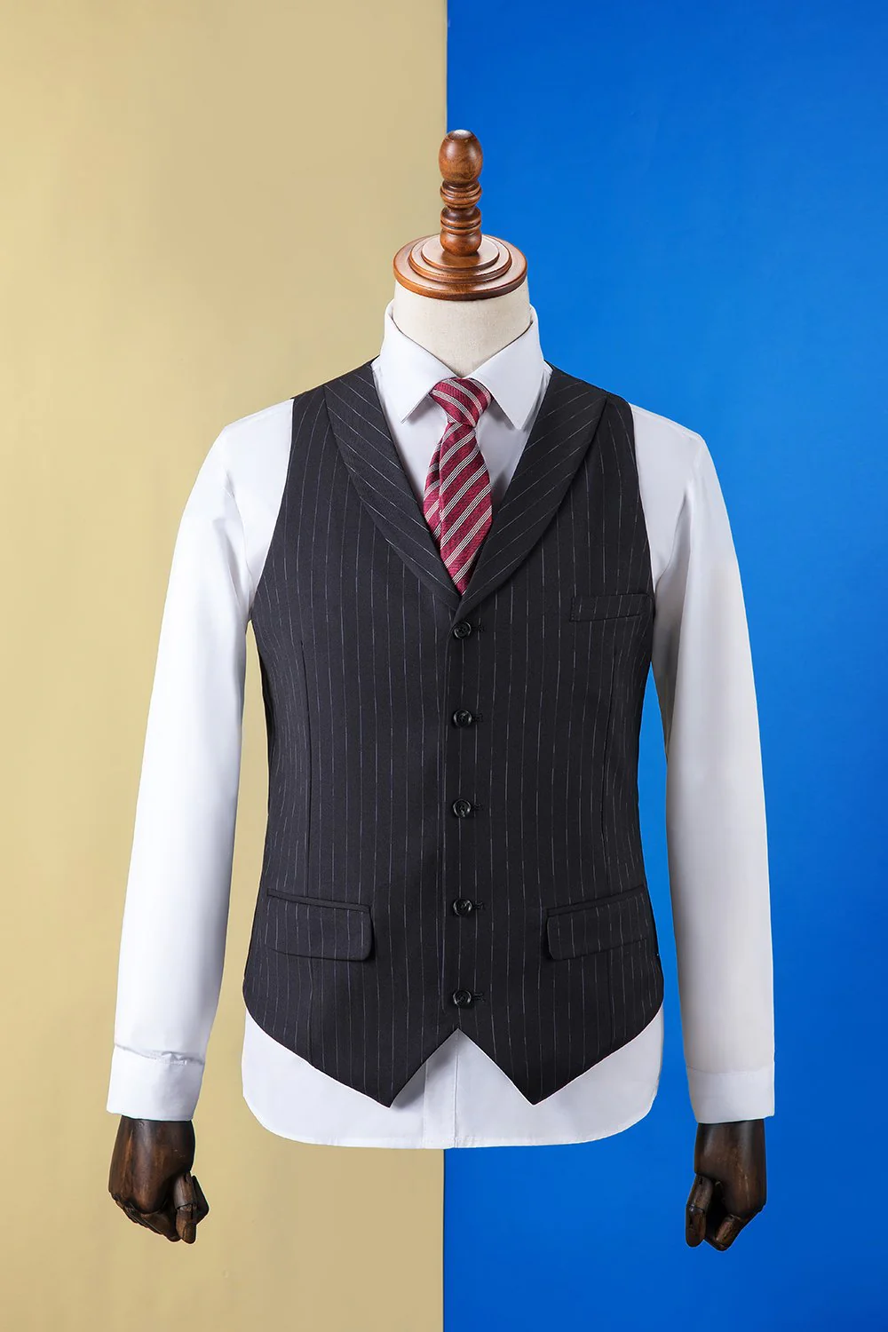 Black Striped Double-Breasted Peaked Lapel 3-Piece Men's Suit - Image 3