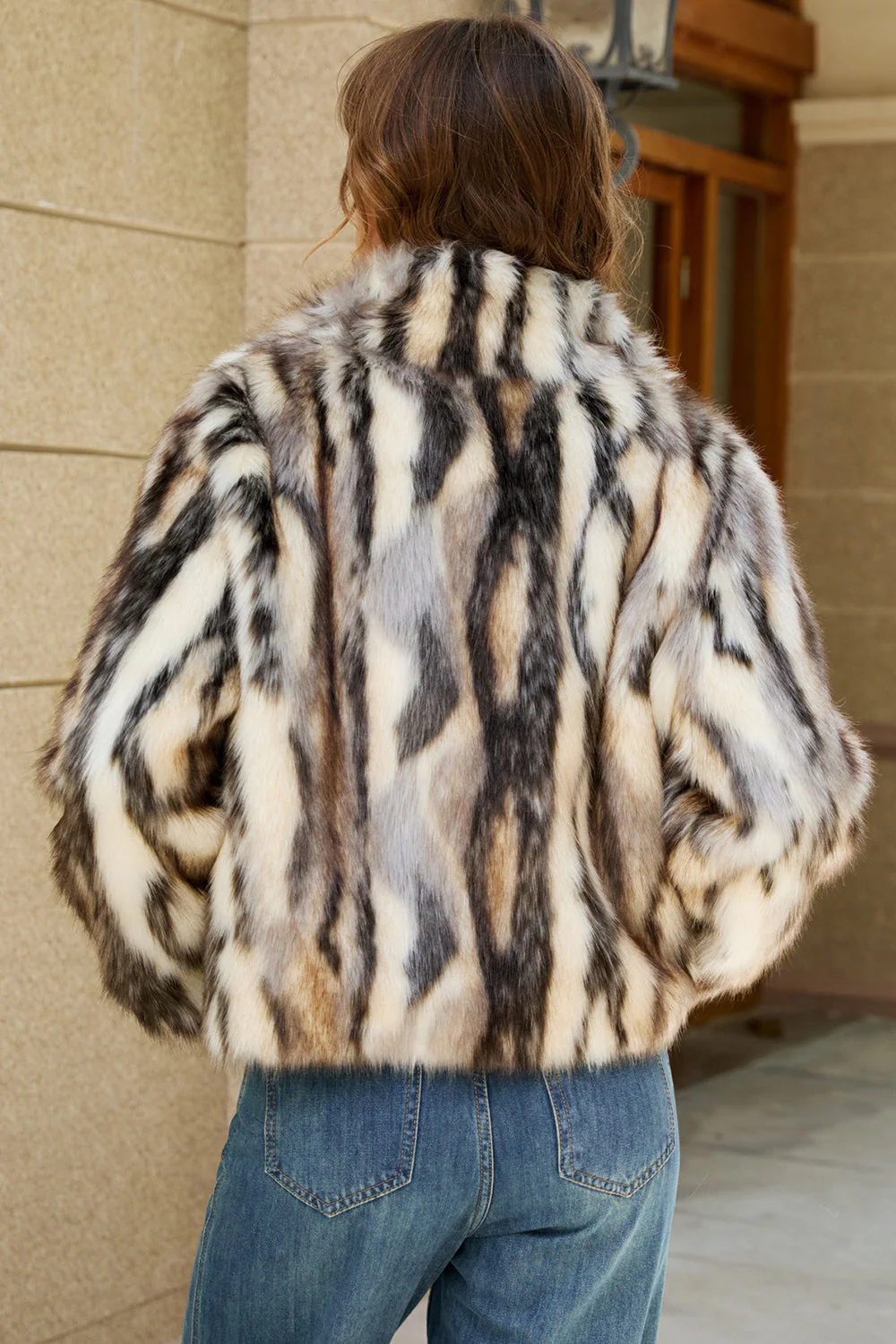 Black Striped Faux Fur Stand Collar Women Coat - Image 2