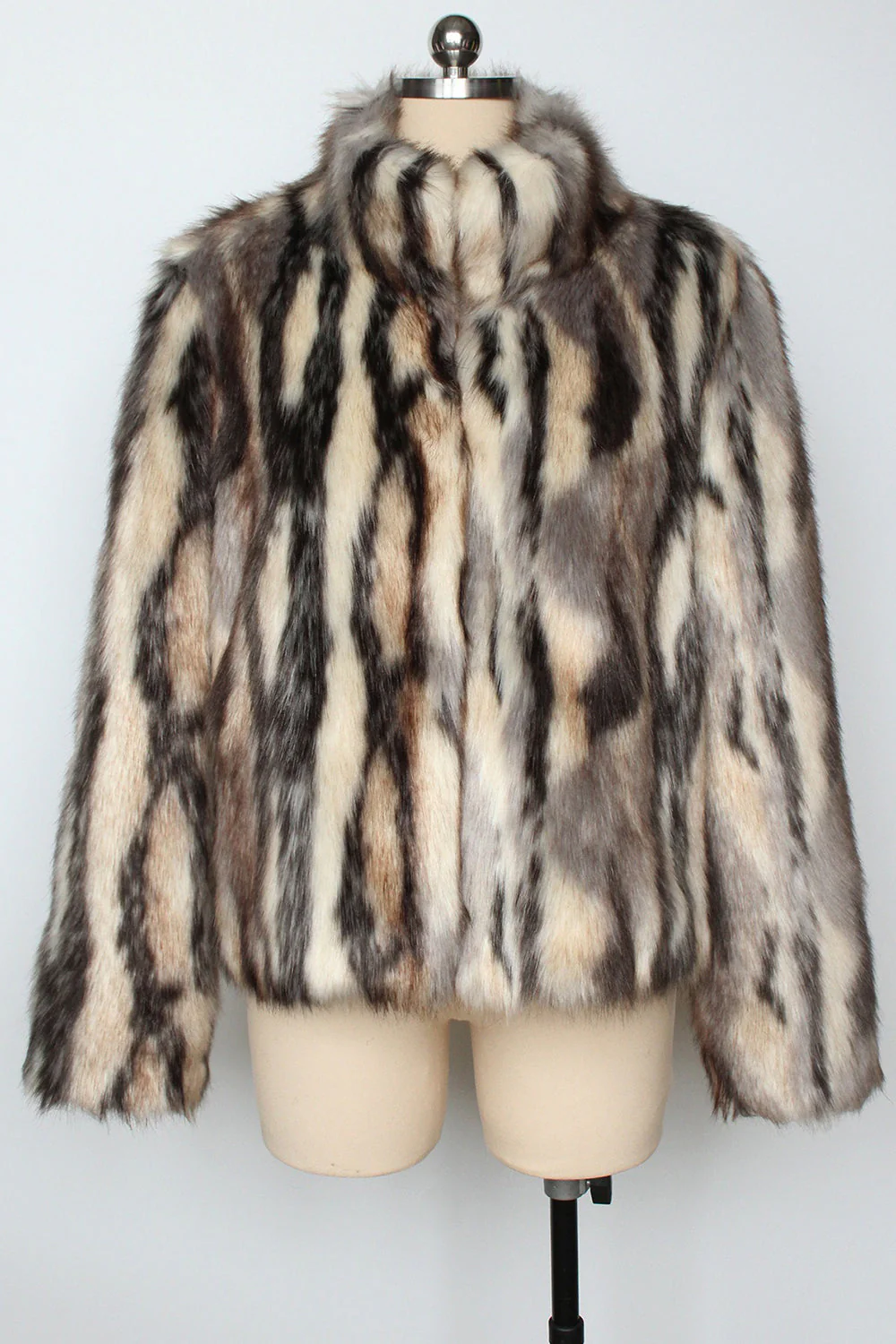 Black Striped Faux Fur Stand Collar Women Coat - Image 6