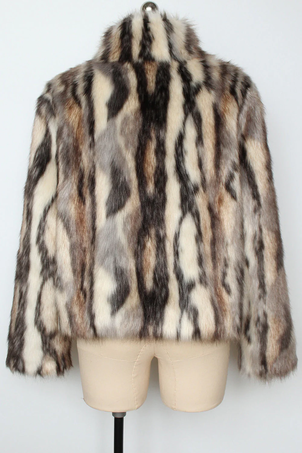Black Striped Faux Fur Stand Collar Women Coat - Image 7
