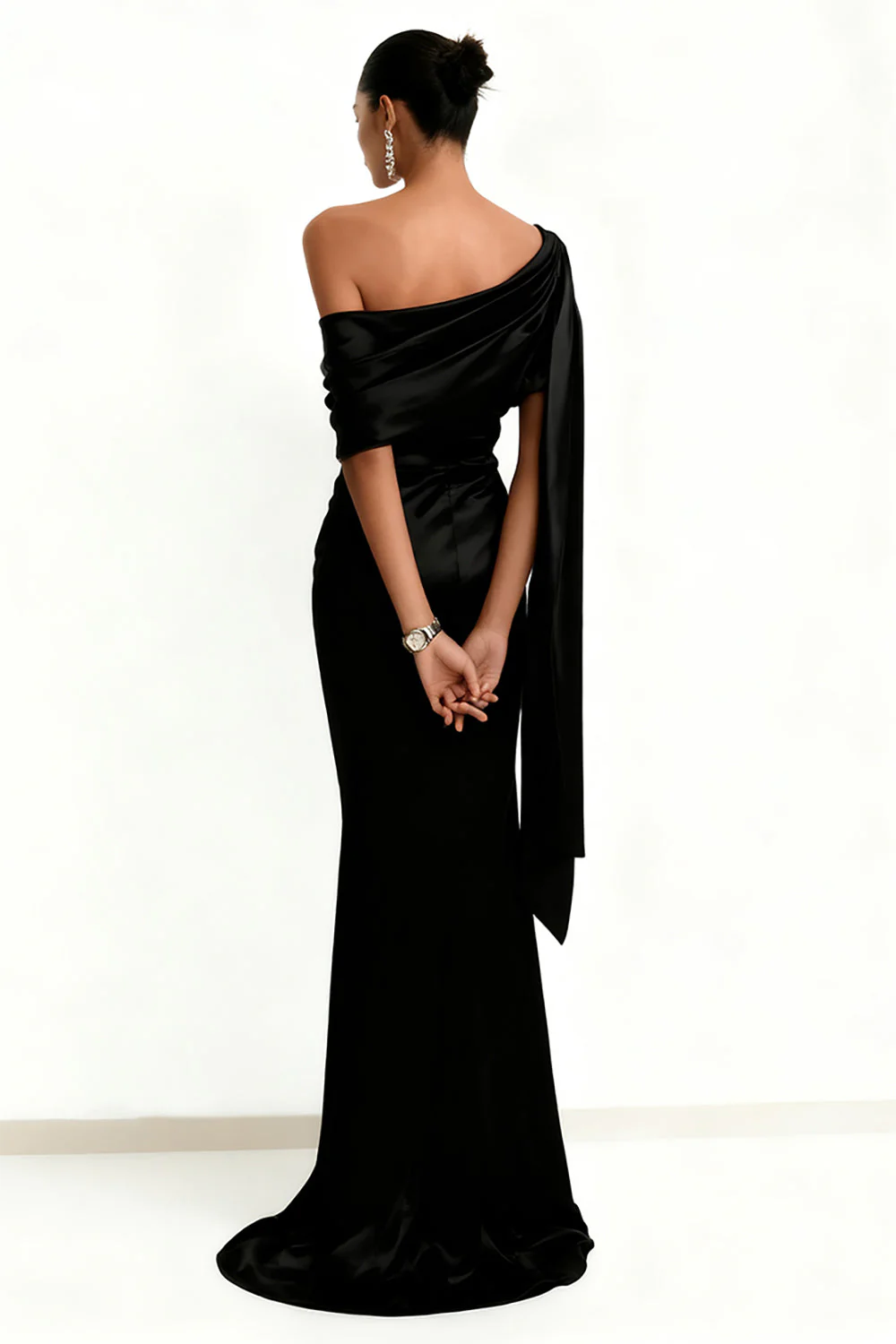 Black Mermaid One Shoulder Evening Dress with Side Cape - Image 2