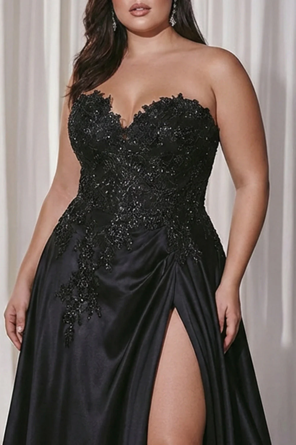 Black Sweetheart A-Line Satin Long Plus Size Prom Dress with Slit - Image 3