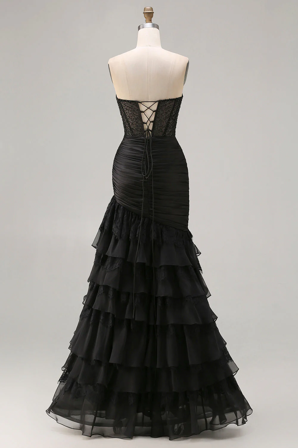 Black Sweetheart Mermaid Beaded Long Prom Dress with Ruffles - Image 2