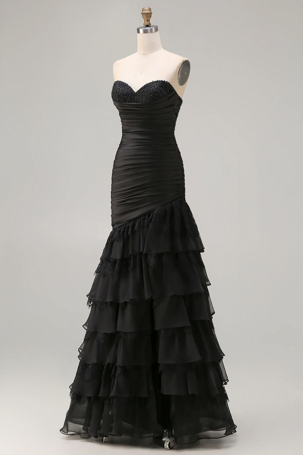 Black Sweetheart Mermaid Beaded Long Prom Dress with Ruffles - Image 3