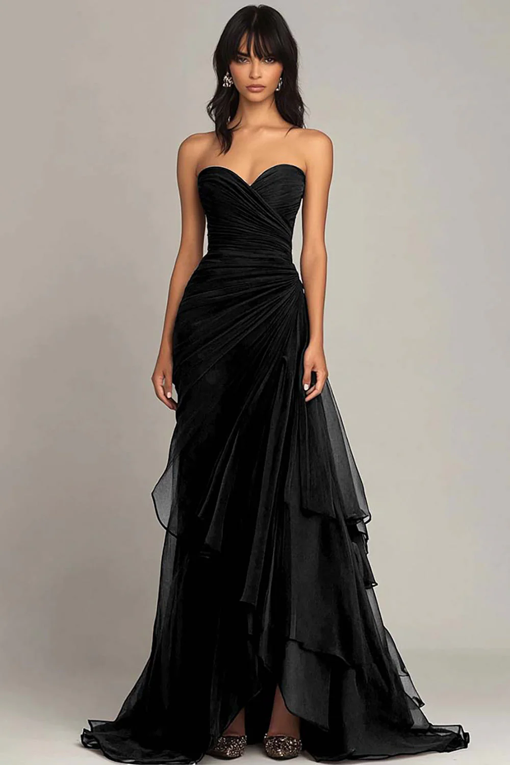 Black Sweetheart Pleated Long Choir Dress with Ruffles - Image 2
