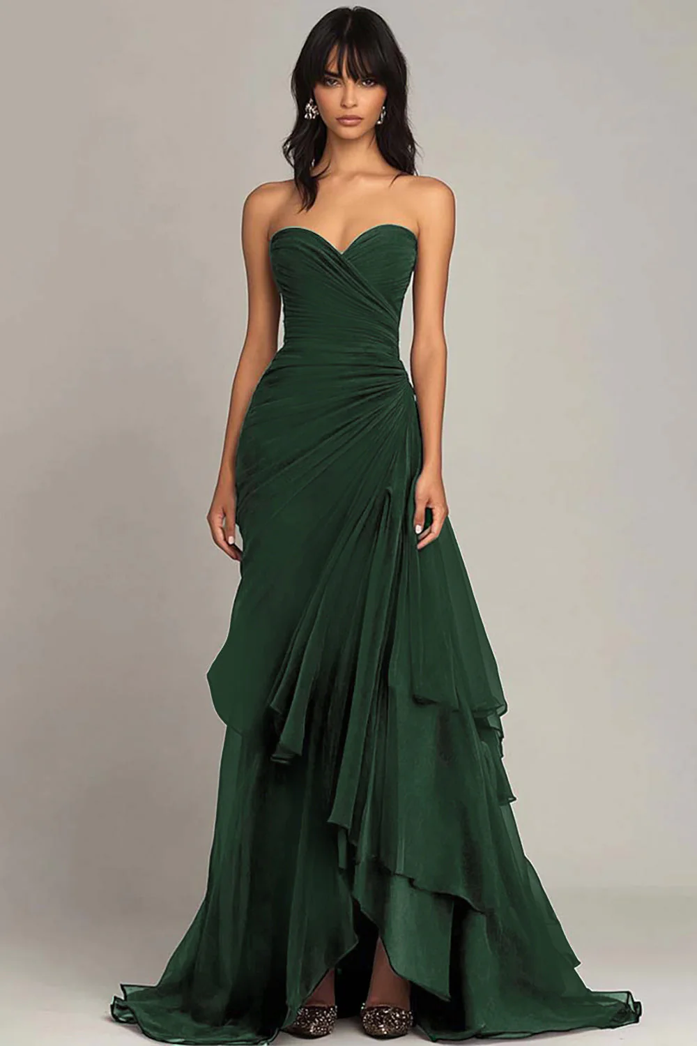 Black Sweetheart Pleated Long Choir Dress with Ruffles - Image 4