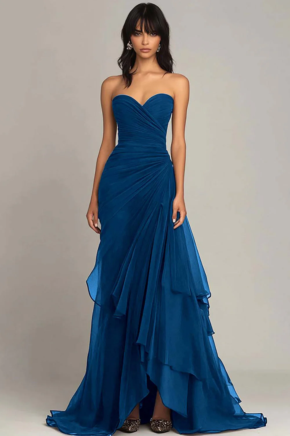 Black Sweetheart Pleated Long Choir Dress with Ruffles - Image 6