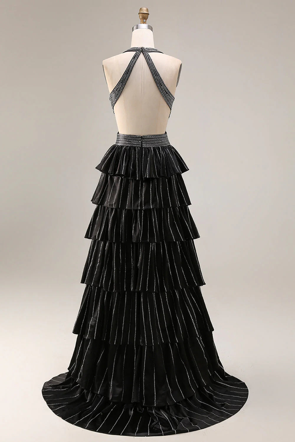 Black Tiered Ruffle A Line Halter Beaded Open Back Long Prom Dress with Slit - Image 2