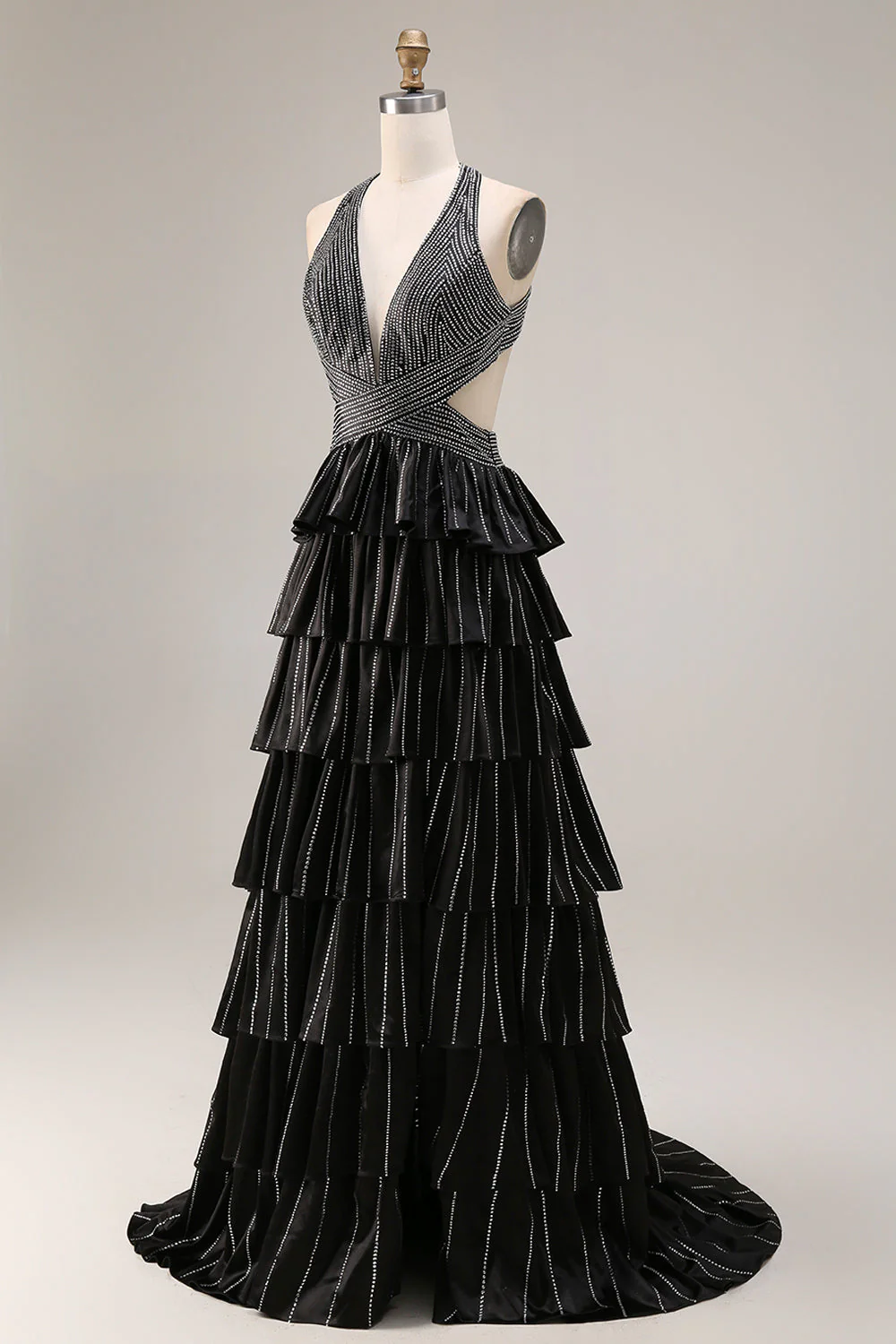 Black Tiered Ruffle A Line Halter Beaded Open Back Long Prom Dress with Slit - Image 3