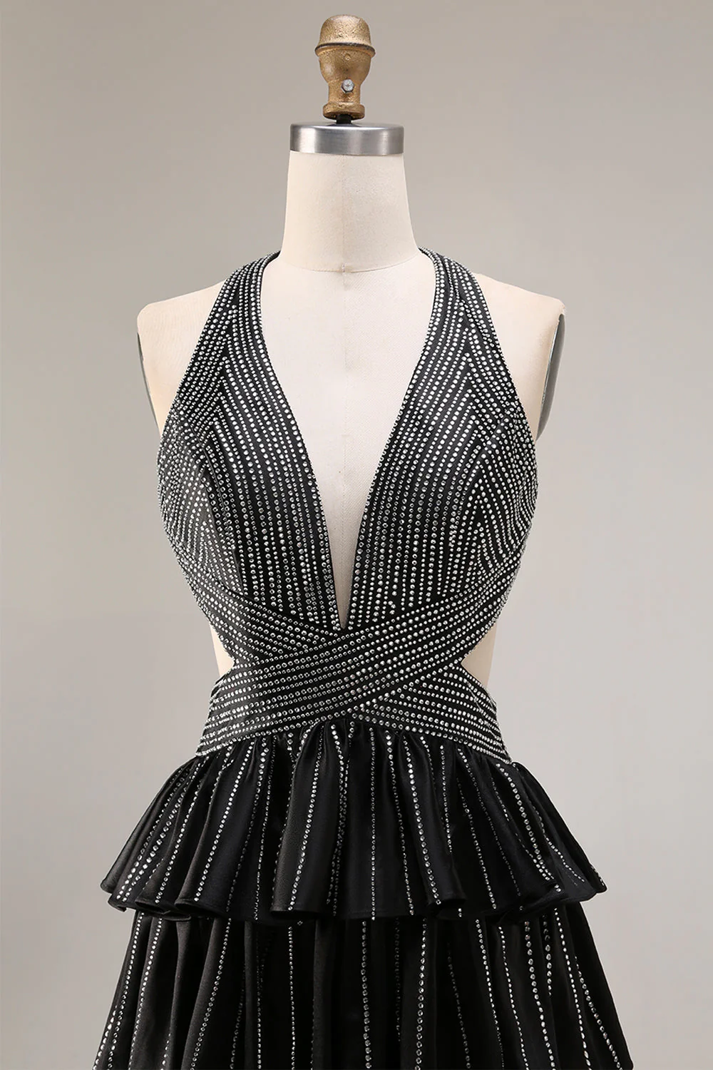 Black Tiered Ruffle A Line Halter Beaded Open Back Long Prom Dress with Slit - Image 4
