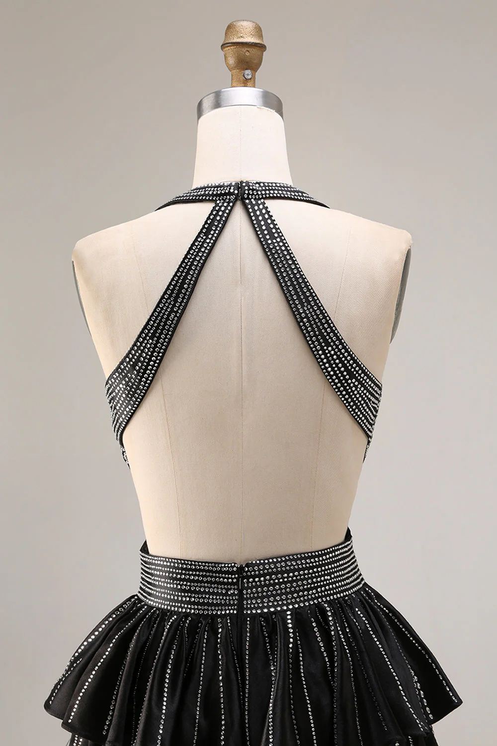 Black Tiered Ruffle A Line Halter Beaded Open Back Long Prom Dress with Slit - Image 5