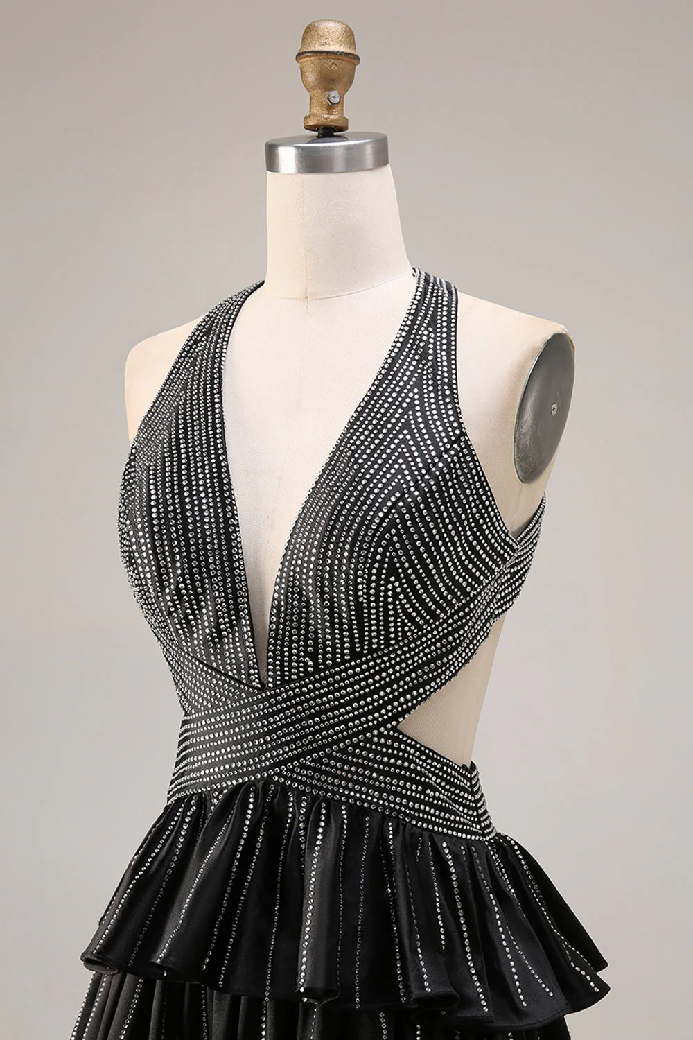 Black Tiered Ruffle A Line Halter Beaded Open Back Long Prom Dress with Slit - Image 6