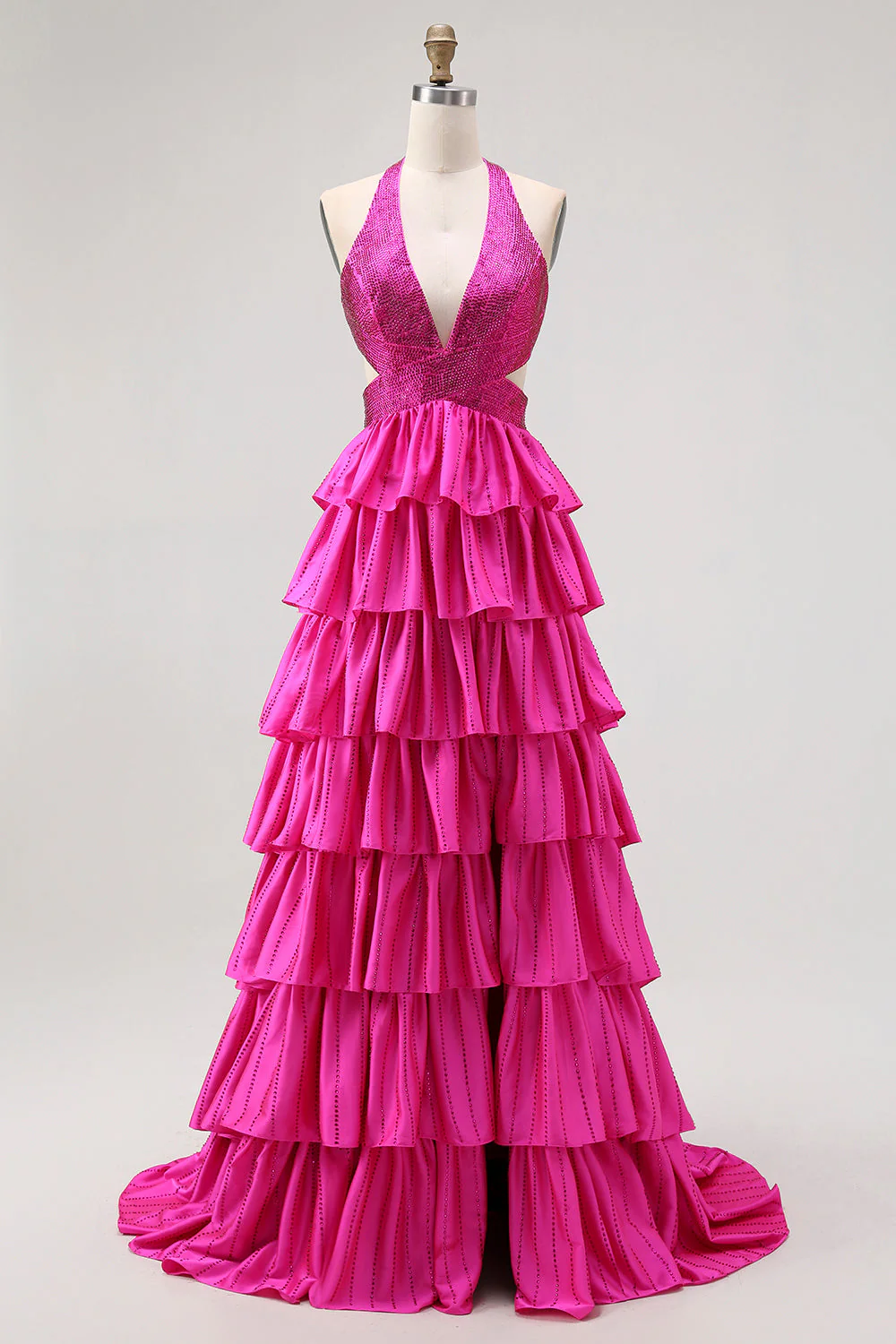 Black Tiered Ruffle A Line Halter Beaded Open Back Long Prom Dress with Slit - Image 7