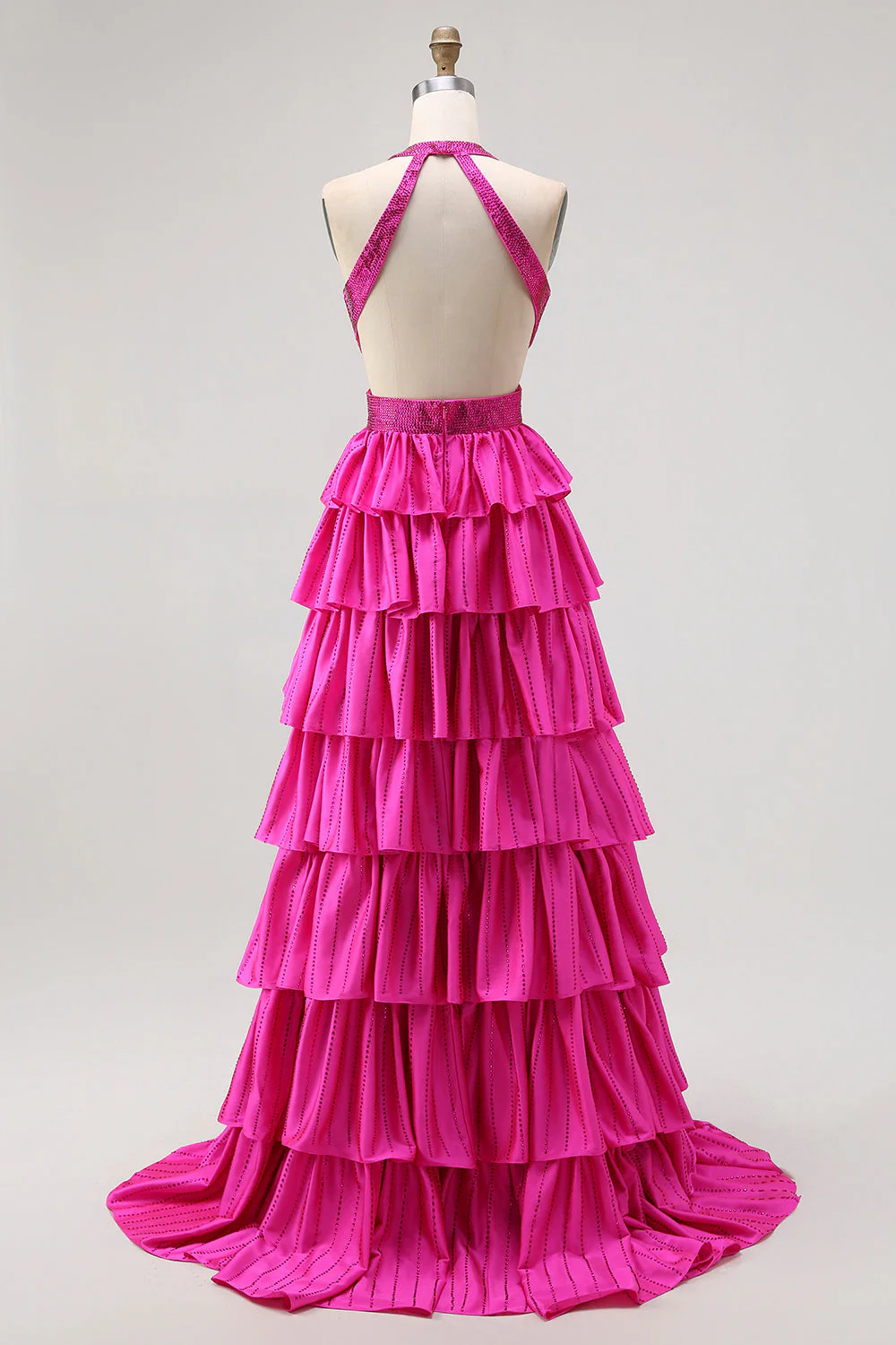 Black Tiered Ruffle A Line Halter Beaded Open Back Long Prom Dress with Slit - Image 8