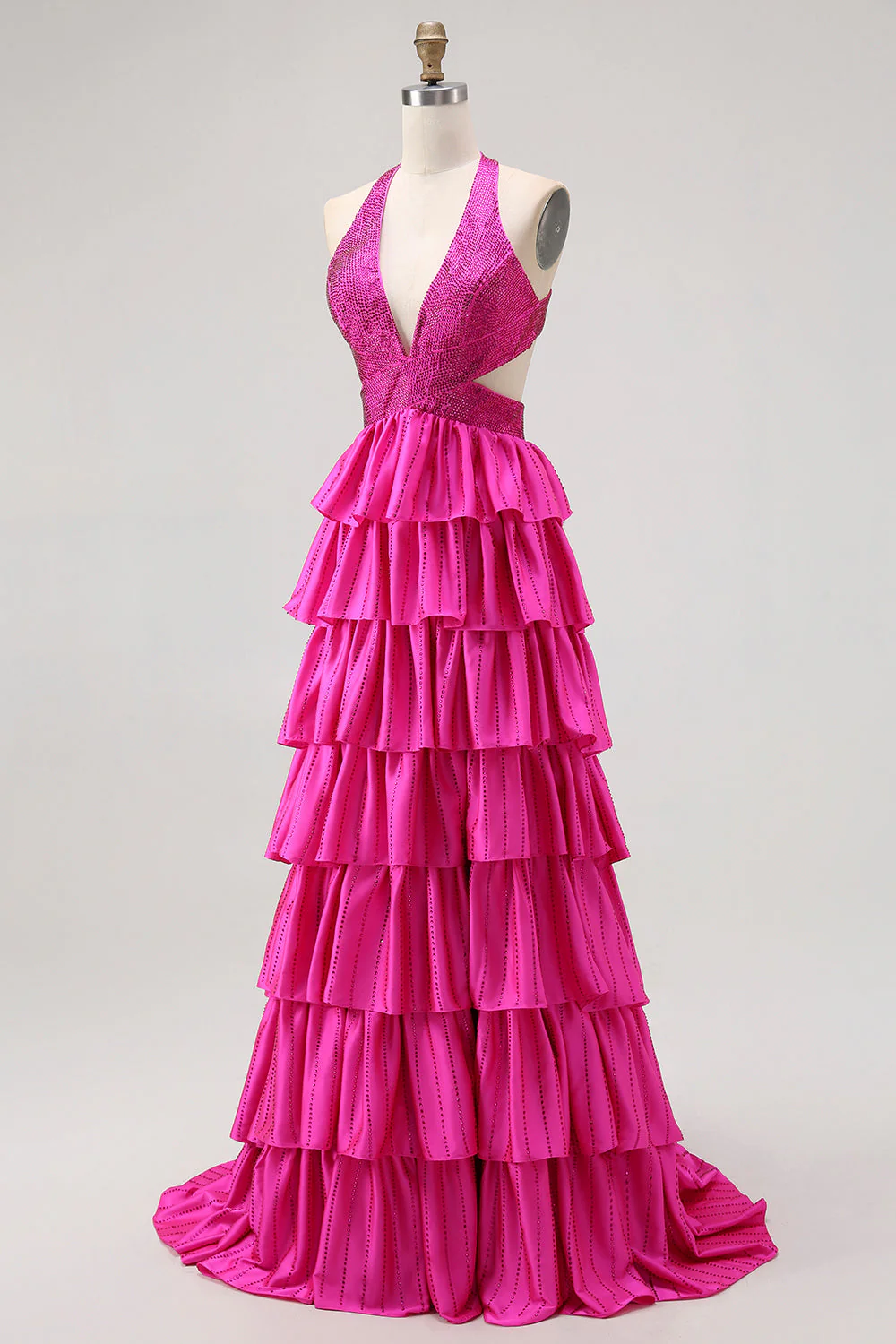 Black Tiered Ruffle A Line Halter Beaded Open Back Long Prom Dress with Slit - Image 9