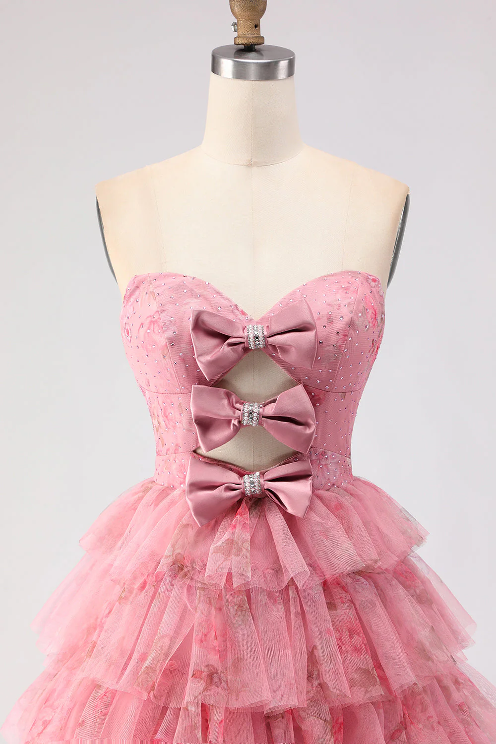 Black Tiered Ruffle A-Line Strapless Cut Out Long Prom Dress with Bows - Image 10